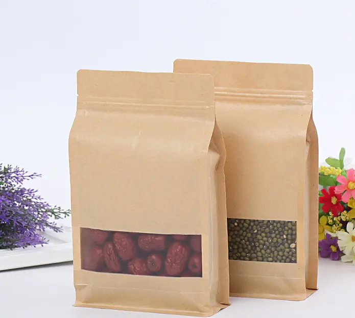FAD Approved Waterproof Kolysen food grade Flat bottom kraft paper bag withfrosted window for snack wholesale