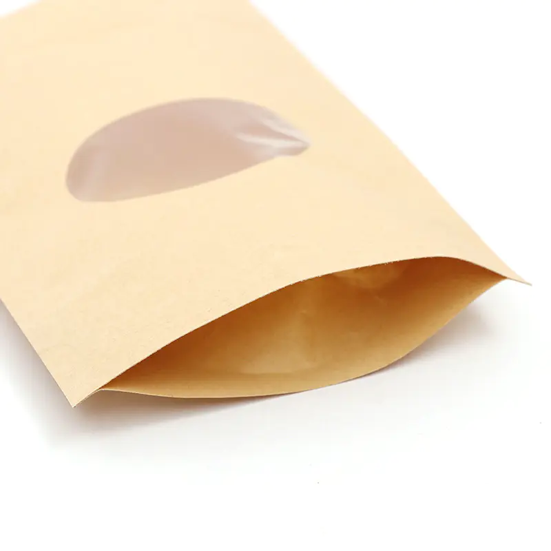 Standup brown kraft paper packaging bag with clear round window