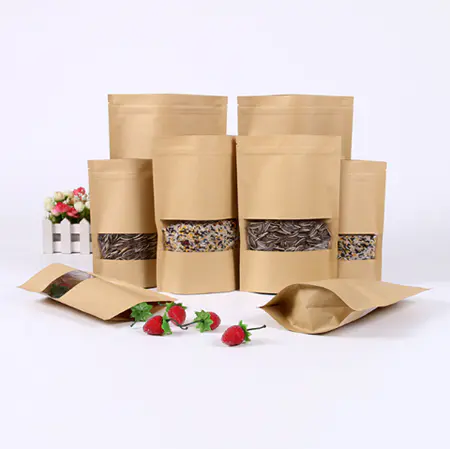 Cheap brown color kraft paper pouch with clear window for food