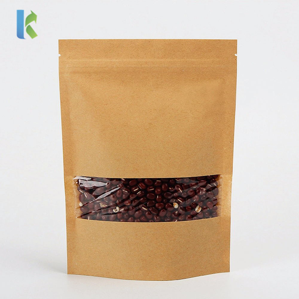Wholesale Doypack Ziplock Brown Kraft Paper Stand Up Pouches Food Packaging Tea Zipper Bags With Clear Window