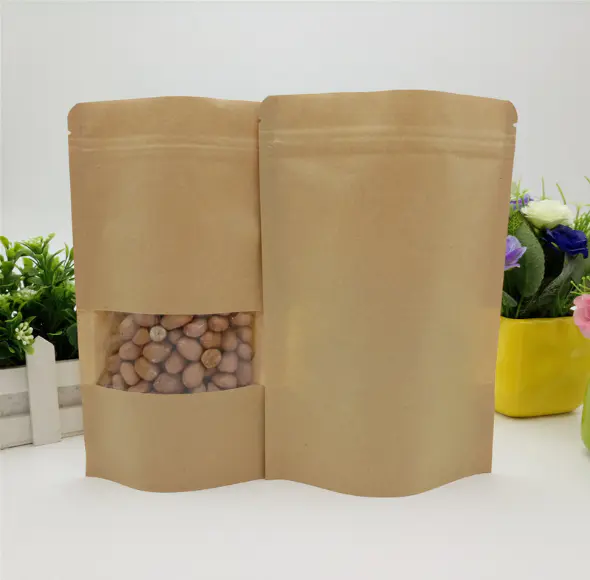 Kolysen Seal Kraft Paper Packaging Zipper Stand Up Pouch Bags With Clear Window
