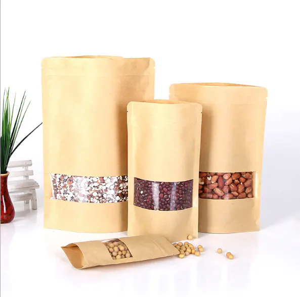 Doypack Zipper Kraft Stand Up Paper Bag with window Reusable Sealing Food Storage Bags for Coffee Beans Nuts Biscuits Packaging