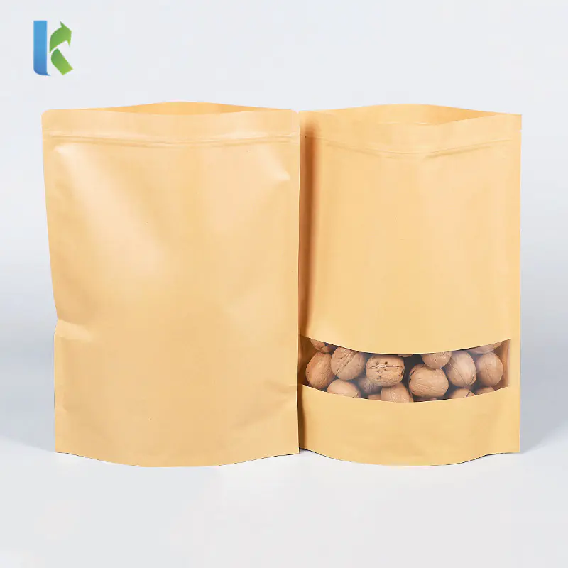 Doypack Zipper Kraft Stand Up Paper Bag with window Reusable Sealing Food Storage Bags for Coffee Beans Nuts Biscuits Packaging