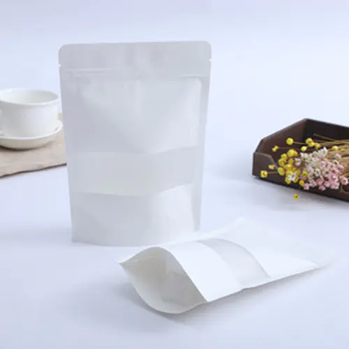 White kraft paper ziplock bag with window for food