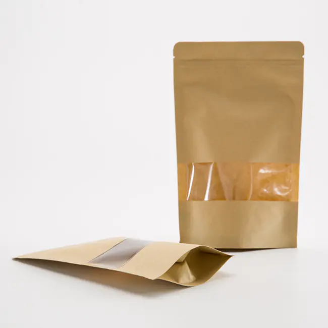 brown stand up zipper kraft paper bag with window for tea packaging