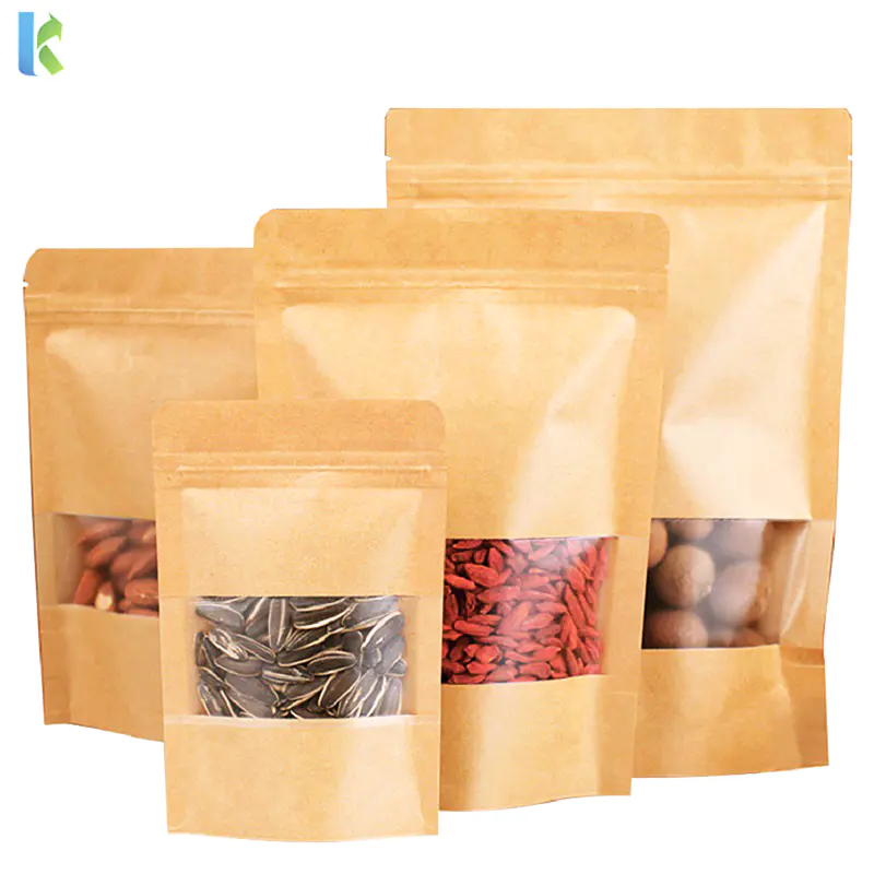 Wholesale Kraft Paper Bags Zipper Brown Food Storage Bag With Window Stand Up Pouch Tea Coffee Bean Gift Candy Packaging