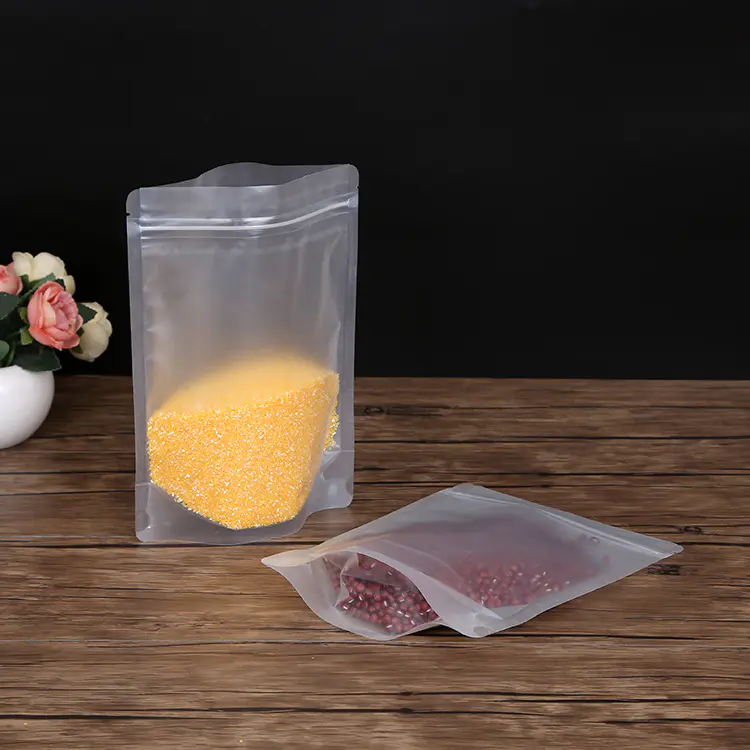 wholesale waterproof frosting transparent self standing up bag for food