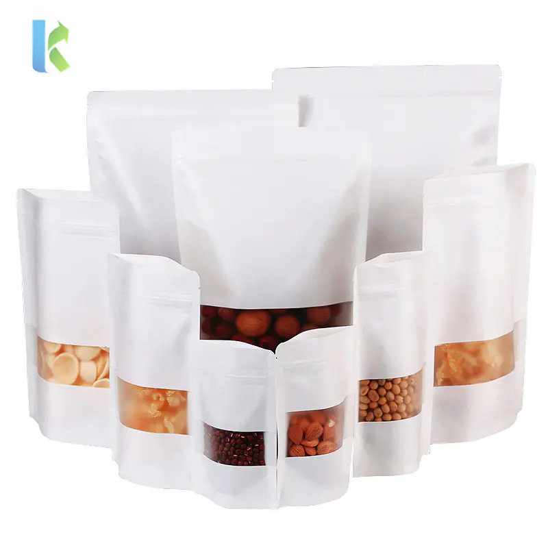 Food grade packaging kraft standup white paper bag with window and zipper