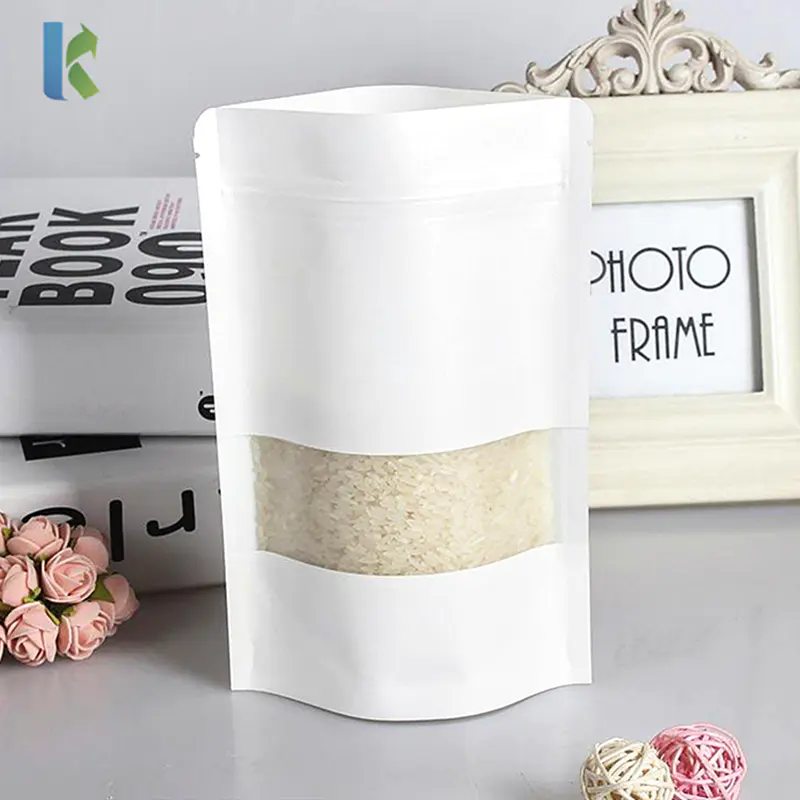 Wholesale White Stand Up Kraft Paper Bag With Matte Clear Window Reusable Pack Pigment Powder Zipper Pouch