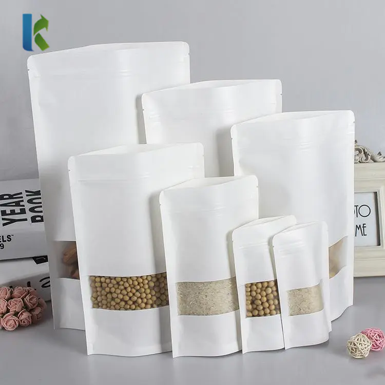 Wholesale Stand Up Pouch White Kraft Paper Coffee Bag With Window