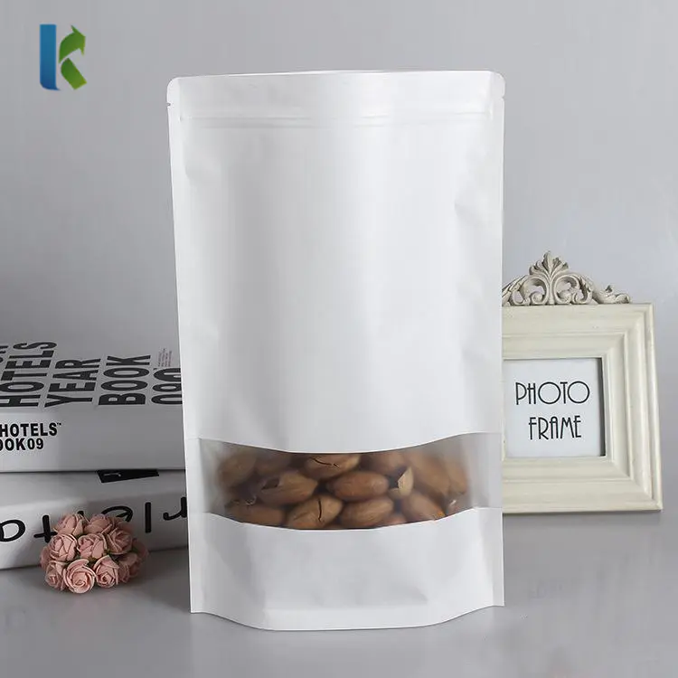 Wholesale Tear Notch Stand Up Coffee Pouches White Kraft Paper ZipLock Packing Storage Bag With Matte Window