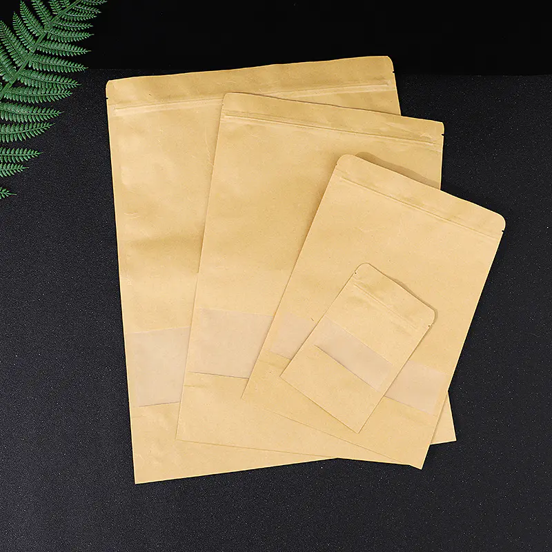 Kolysen Doypack Ziplock Brown Kraft Paper Stand Up Pouches Food Packaging Zipper Bags With Clear Window