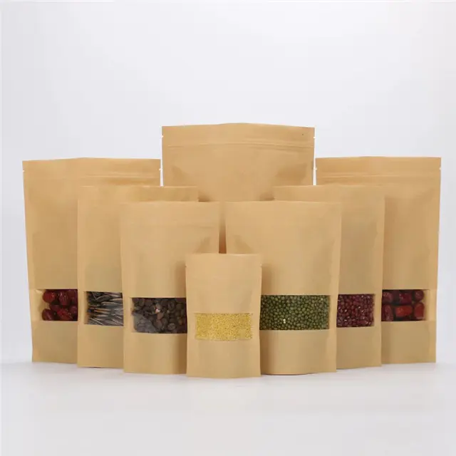 China Factory Stand Up Zipper Bag Kraft Paper Bag with Frosted Window for Dried Food Packaging