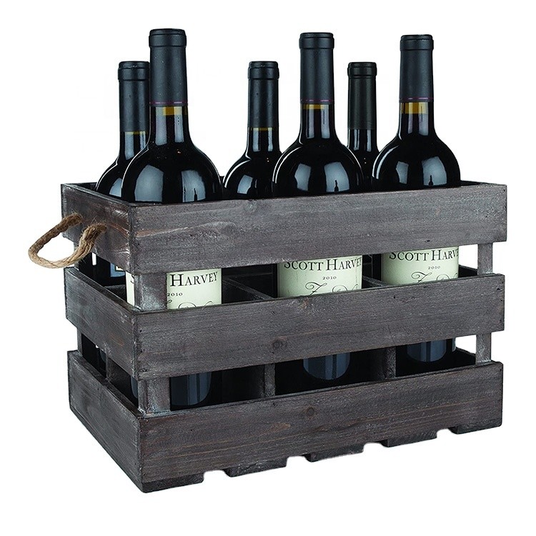 Vintage-style brown decorative wooden wine crate basket with handles