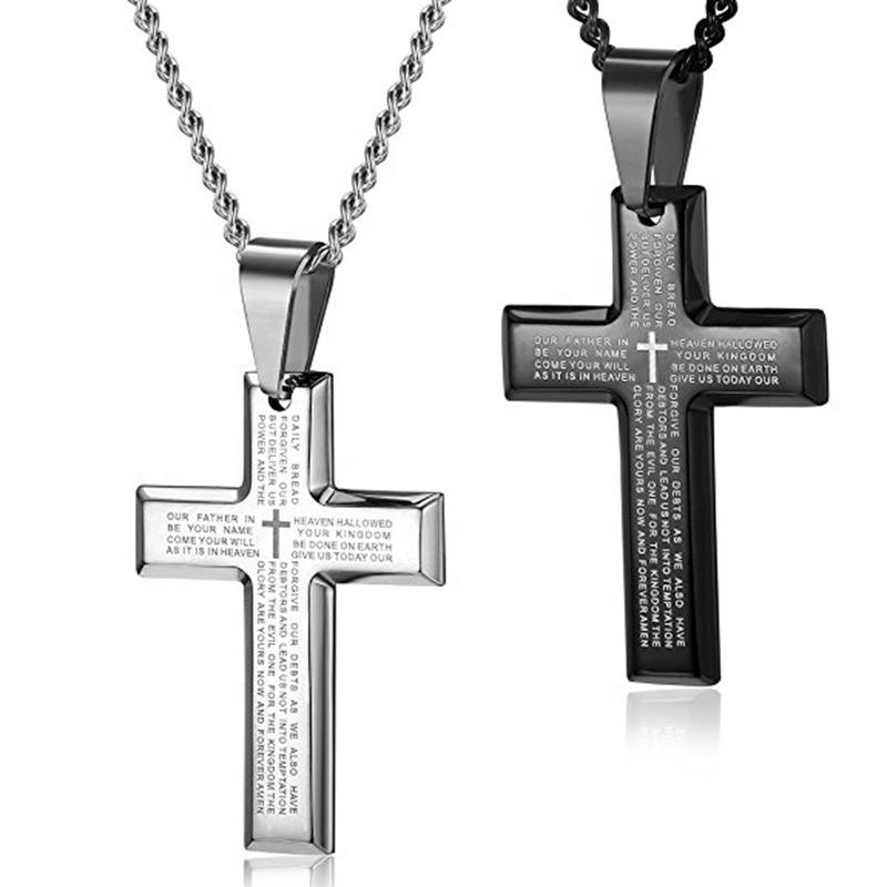 New Style Letter Engraved Jesus Cross Necklace Stainless Steel Black