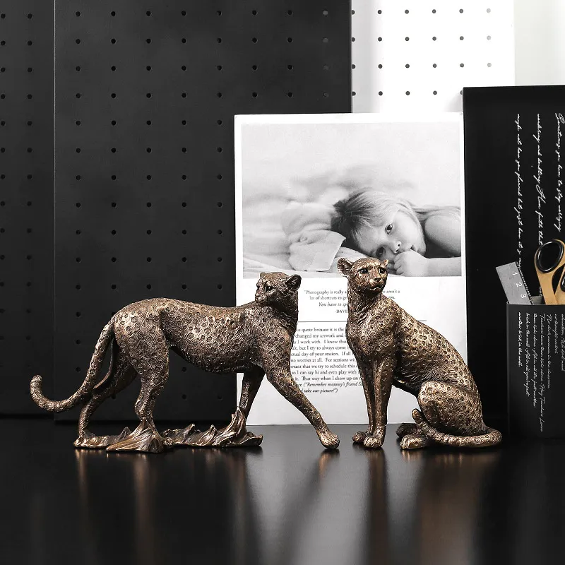 Bronze Color Polyresin African Leopard Statues Resin Leopard Sculpture for Car Home Office Decor