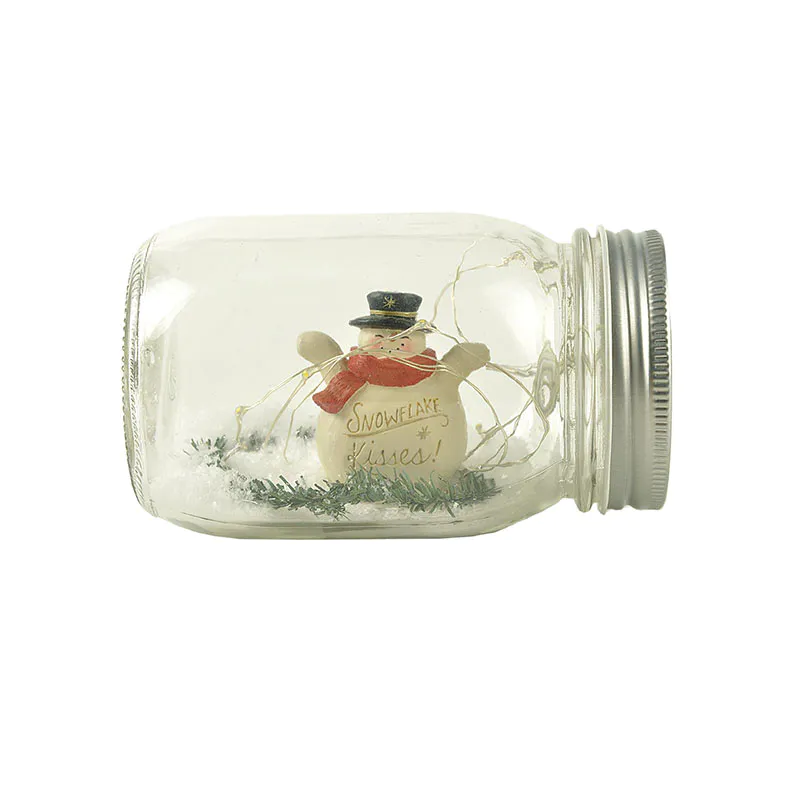 New custom design personalized cute Polyresin decor snowman in 500 ml glass jar with LED fairy light