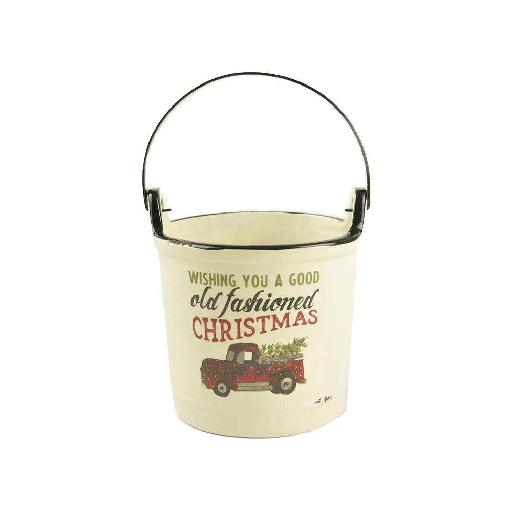 Factory Wholesale New custom design Ceramic Christmas candle holder bucket Indoor Crock with handle Home decoration