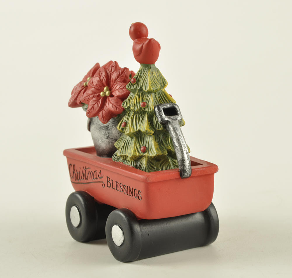 Garden Decor Christmas gifts red painting resin Wagon with tree and poinsettia