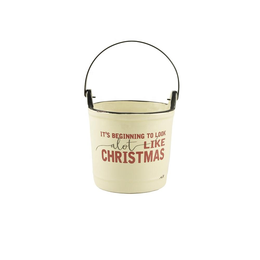 Factory Wholesale New design custom Ceramic Christmas candle holder bucket Indoor Crock with handle Home decoration