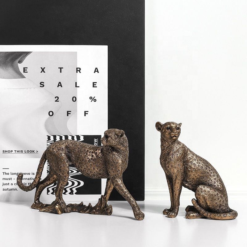 Bronze Color Polyresin African Leopard Statues Resin Leopard Sculpture for Car Home Office Decor