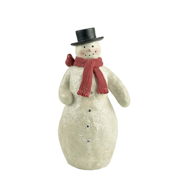 Black Top Hat Snowman With Bird On Shoulder Resin Snowman Figurine For Christmas