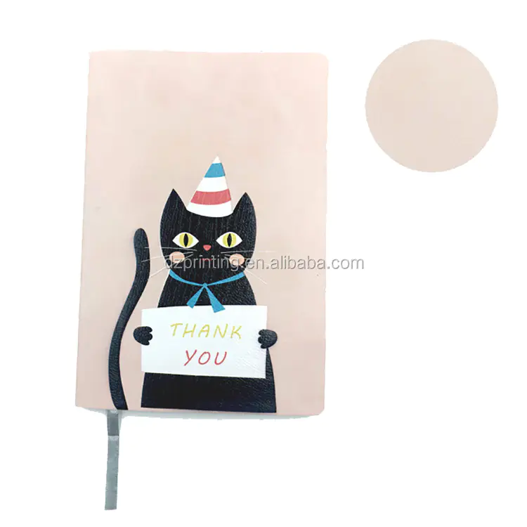 A5 Custom Logo Special Design Leather Cover Pink Background Black Cat Thank You Text Cute Notebook
