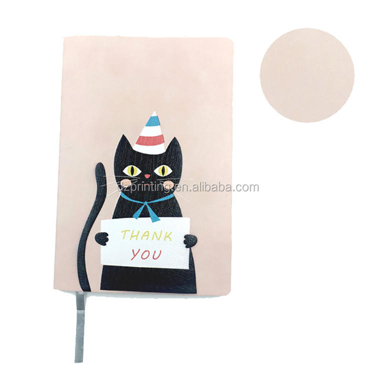 product-A5 Custom Logo Special Design Leather Cover Pink Background Black Cat Thank You Text Cute No-1
