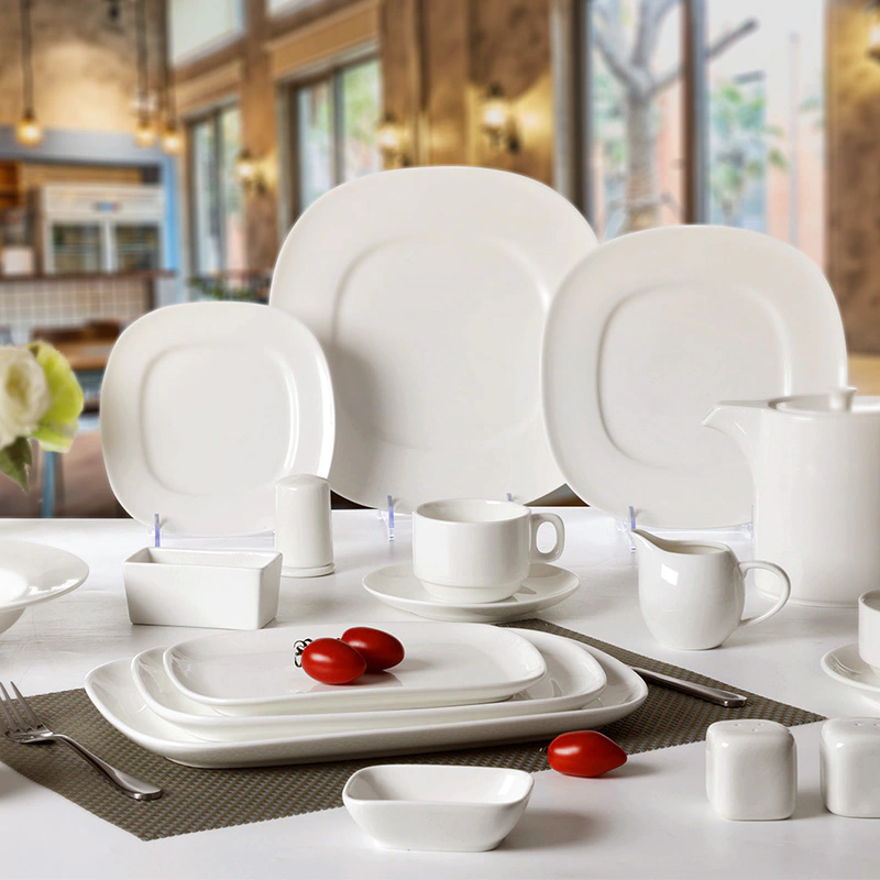 Hotel Restaurant Banquet White Porcelain Ceramic Dinnerware Sets, Square Rectangle Plates For Dinner