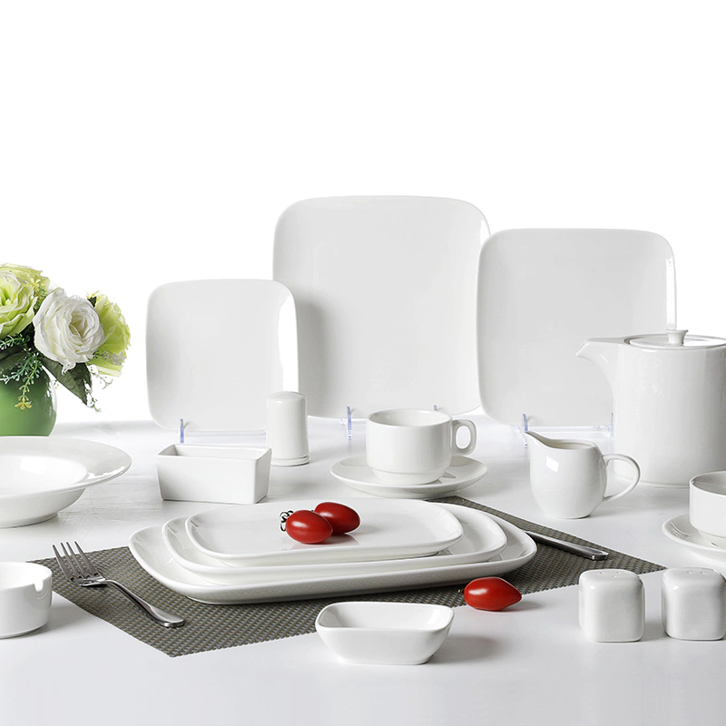 Square Porcelain Wholesale Hotel Tableware, Customized Logo Restaurant White Ceramic Dinnerware+sets