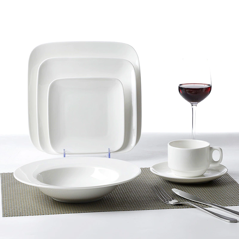 Hotel Restaurant Banquet White Porcelain Ceramic Dinnerware Sets, Square Rectangle Plates For Dinner