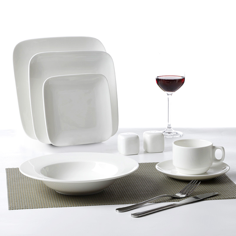 Hotel Restaurant Modern Square Dinnerware Logo Printing Acceptable, Cheap Plain Tableware Ceramic White, Square Plate Dish Sets/