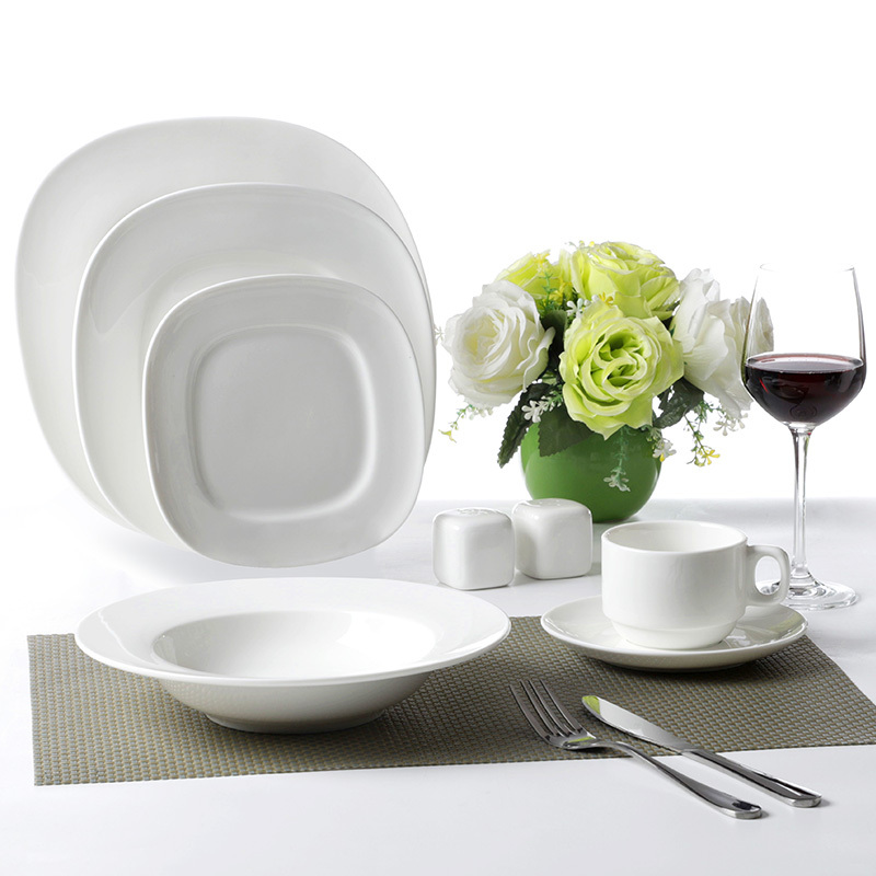SGS Certificate the Philippines European Style Hotel Porcelain Dinnerware Set, Dishwasher Safe White Square Wholesale Dinnerware