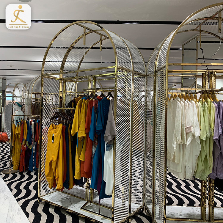 high end custom gold stainless steel storage rack shelf for garment clothes stainless steel metal clothes display rack