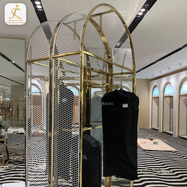 custom retail shop design metal gold clothing dress display rack stainless steel metal frame clothes hanging storage rack