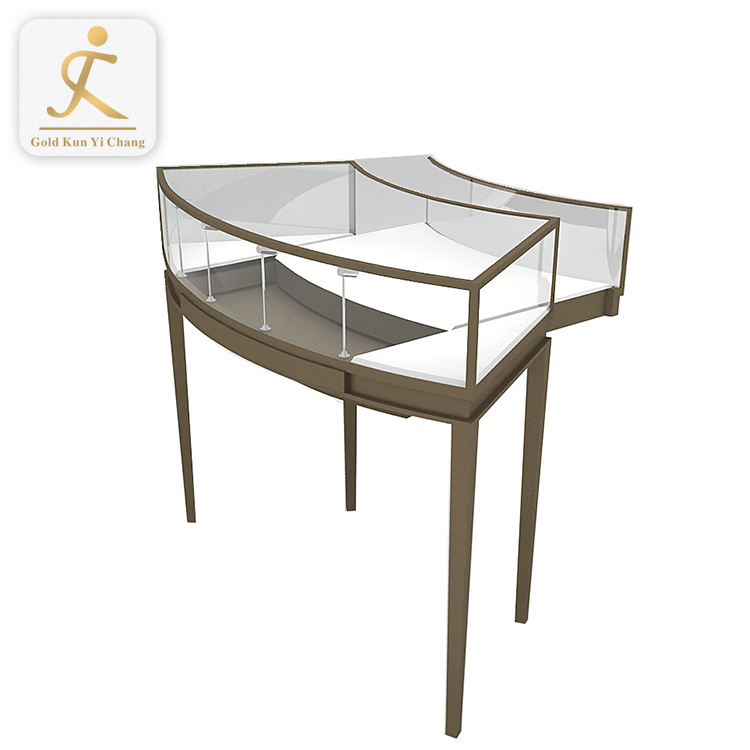 quarter round glass jewelry display showcase shopping mall stainless steel safety jewelry display glass cabinet showcase