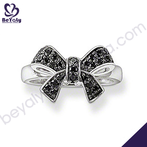 Cute bowknot black onyx 3 carat diamond solitaire ring