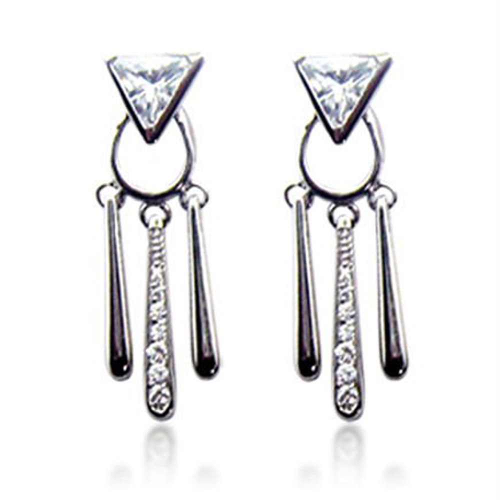 Vogue style silver triangle stone front back earrings