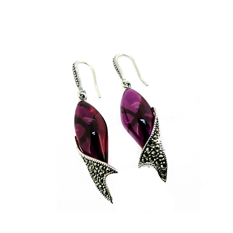 Vivid Fish Carved Purple Stone Silver Ear Rings For Women