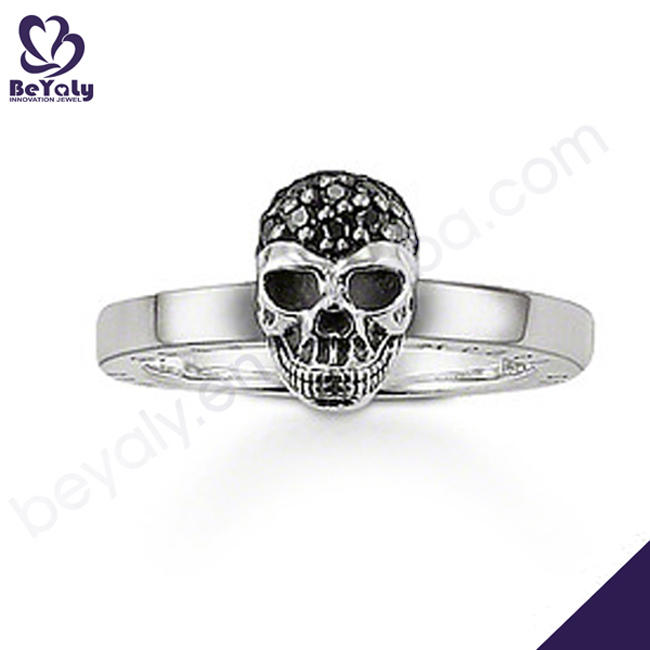 High end skull design 925 silver rings jewelry black stone