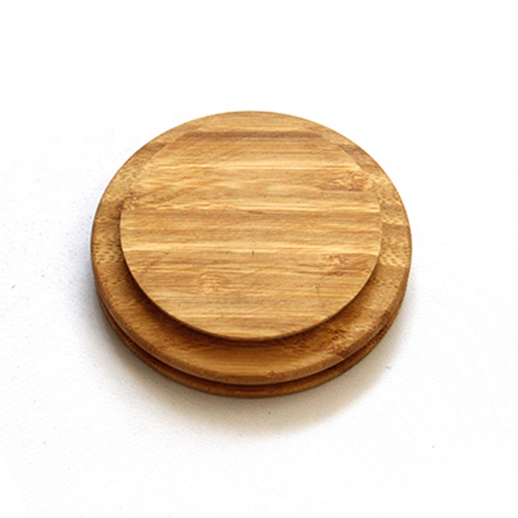 High quality customized round shape natural solid bamboo wood,custom wood lid for glass candle holder jar with silicone ring