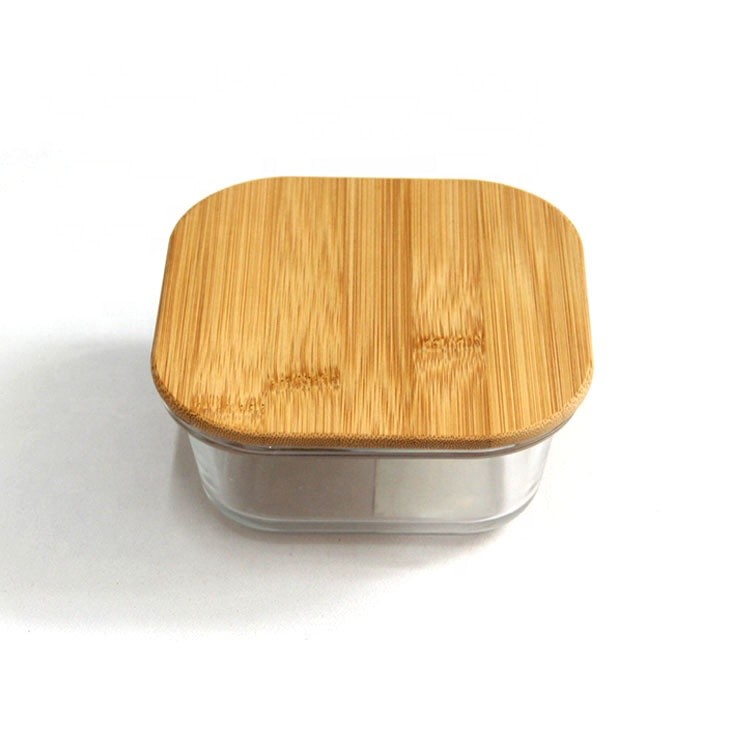 customizedsquare empty glass container with bamboo wooden lid