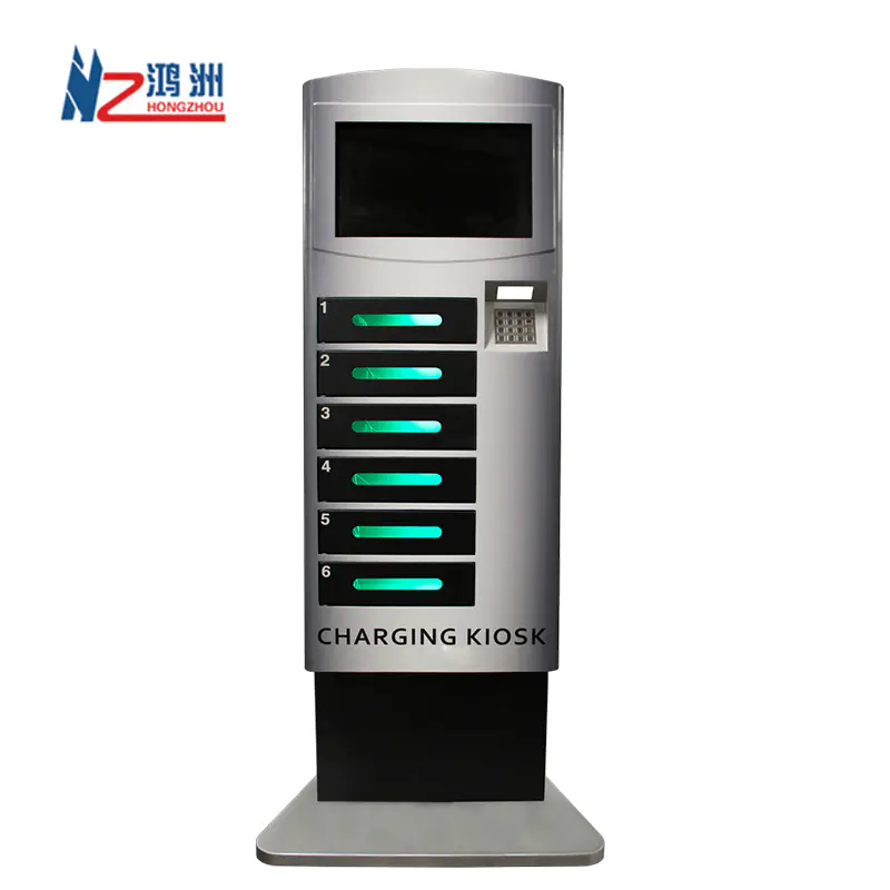 Touch screen self service cell phone charging kiosk