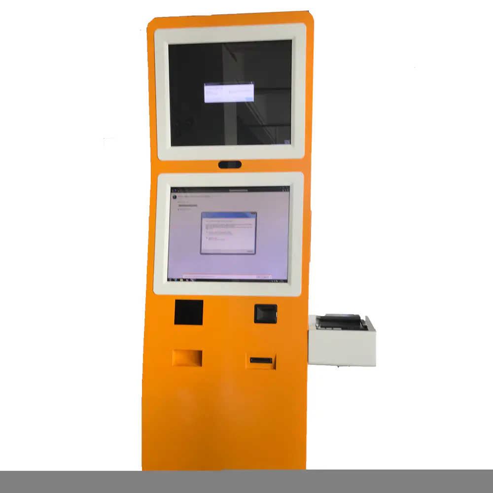 Touchscreen self service hotel check in kiosk with card reader