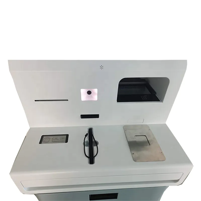 Dual screen self service check-in kiosk in hotel with passport scanner payment