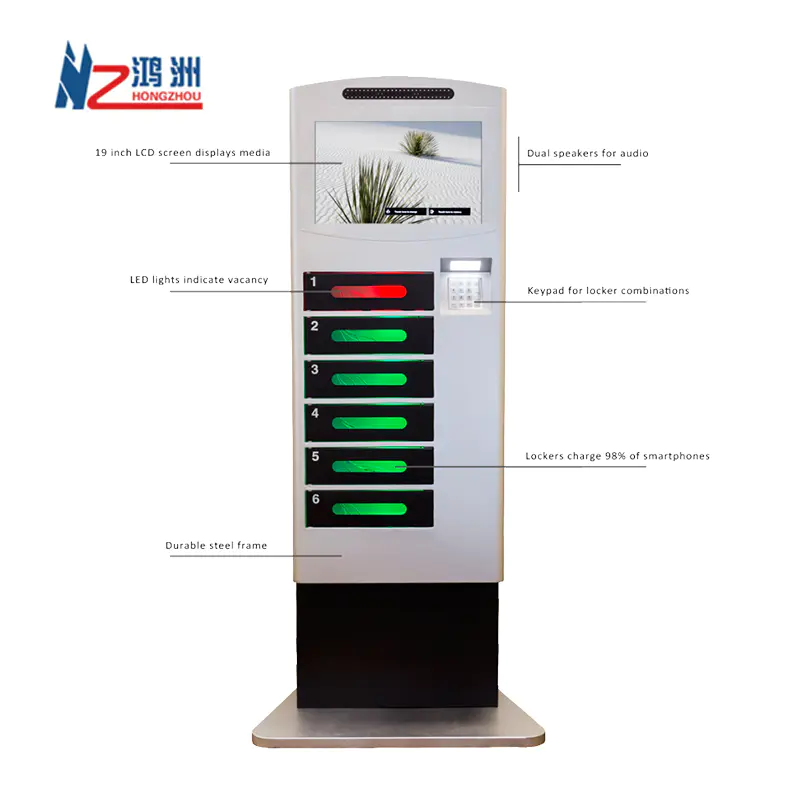 Touch screen self service cell phone charging kiosk