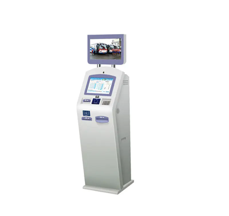 Touchscreen kiosk for bill acceptor paymentticketing dispenser function with scanner blue enclosure