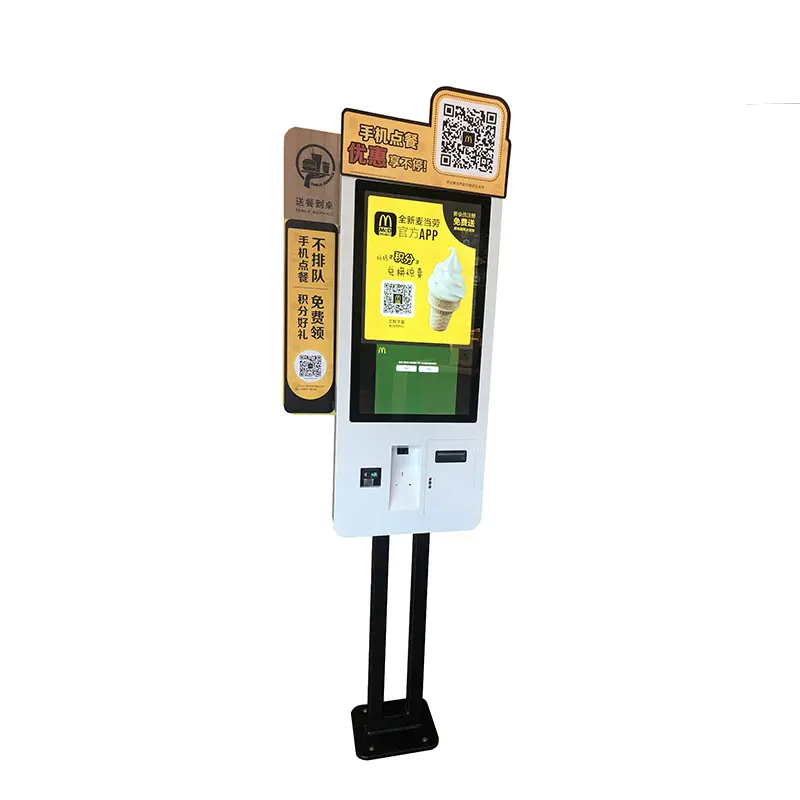 Standing kiosk with QR code reader in restaurantwith internet interface