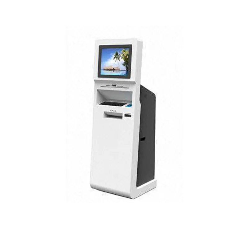 Touchscreen kiosk for bill acceptor paymentticketing dispenser function with scanner blue enclosure