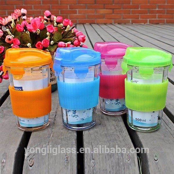 2018 Last products High temperature lock and lock glass cups with silicone sleeve ,shaker bottle Glasslock glassware